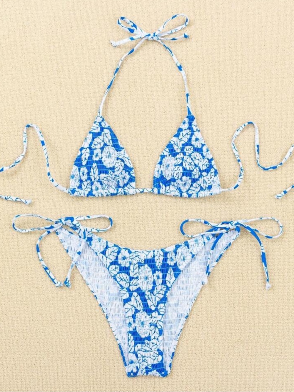 Blue and White Floral Tie-Side Bikini